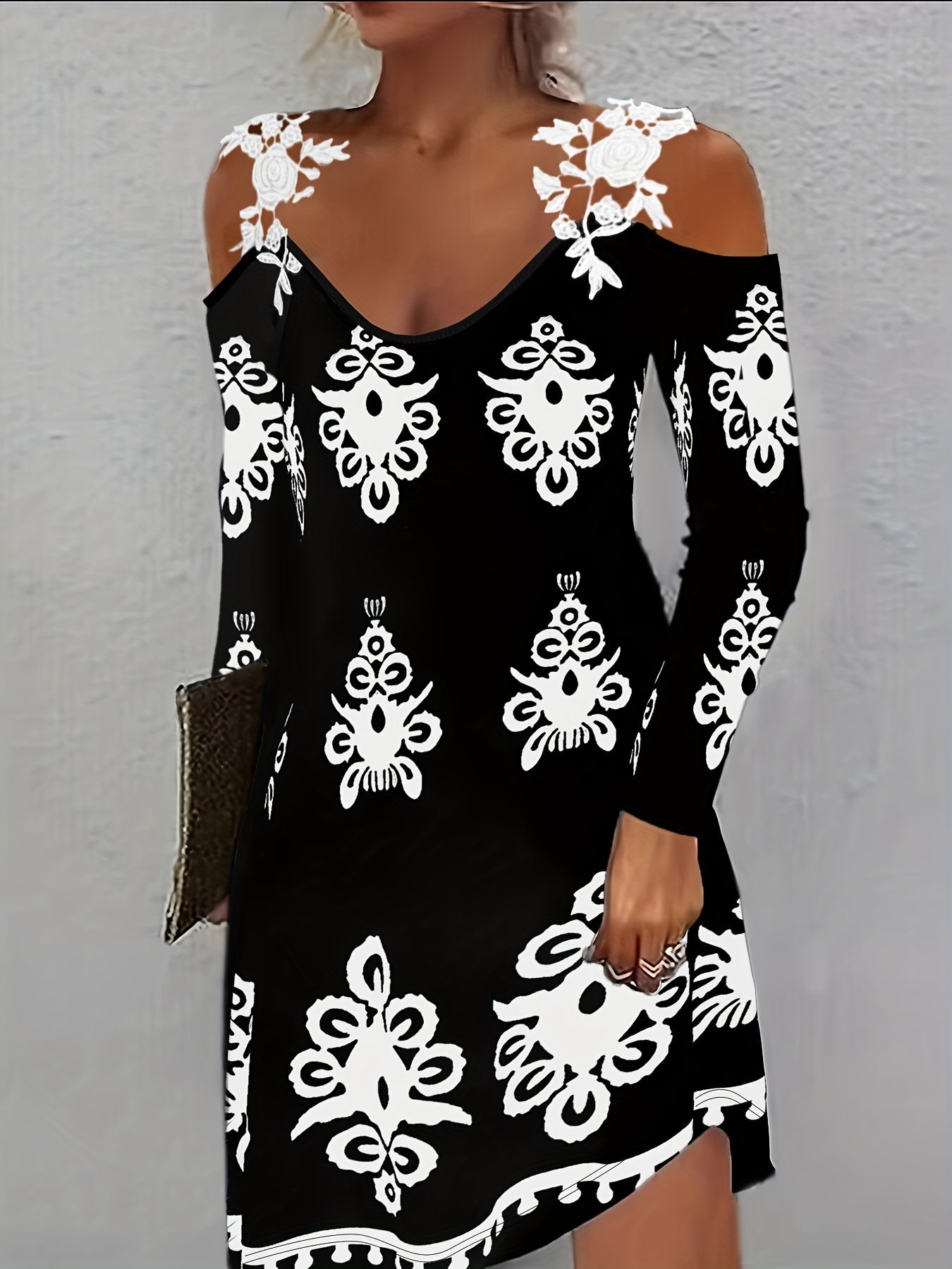Elegant Off-Shoulder Printed A-Line Dress - Dacron and Spandex Blend, Polyester 95%, Elastane 5%, Knit Fabric - For All Seasons - For Women - Perfect for Parties, Weddings & Casual Occasions - Great Gift for Her
